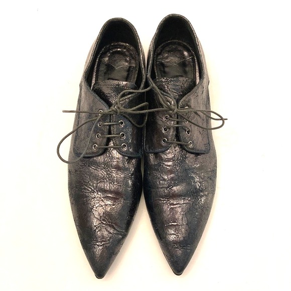 Miu Miu Oxford Lace Up Waxed Leather Metallic Crinkle Womens‎ 9.5 EU 39.5 - Picture 4 of 11